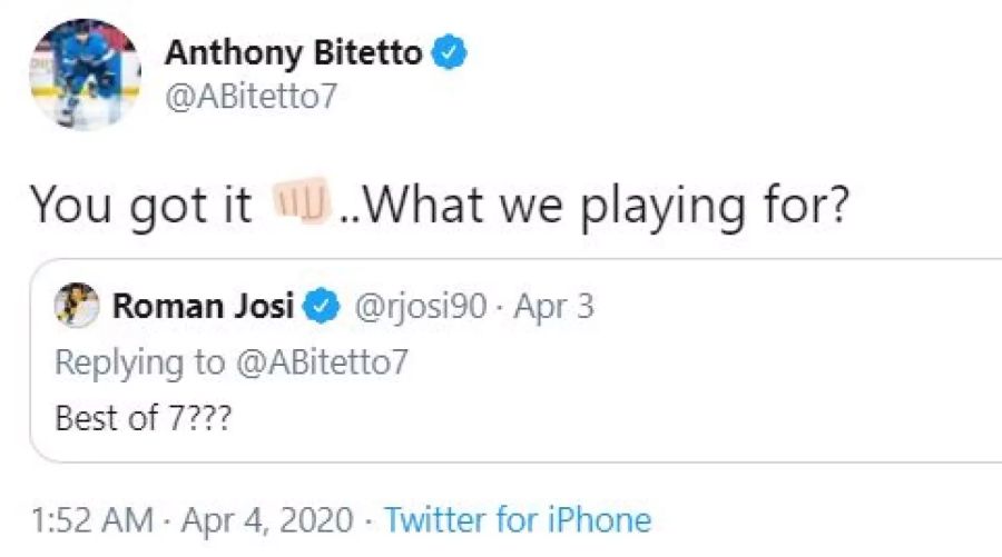 Über Twitter forderte Anthony Bitetto Roman Josi zur «NHL20-Schlacht» heraus.