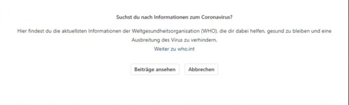 Instagram weist bei Suchanfragen zum Coronavirus auf die Seite der WHO hin. Instagram WHO