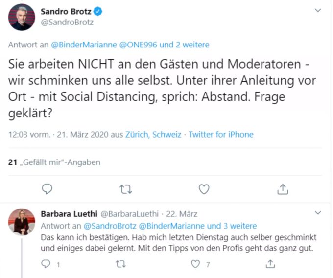 Auch Sandro Brotz und Barbara Lüthi sind vom Selbst-Schminken betroffen. Die SRF-Moderatoren nehmen es allerdings gelassen. SRF