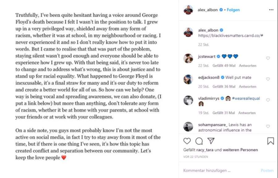 Formel-1-Pilot Alexander Albon postet ein Statement auf Instagram.