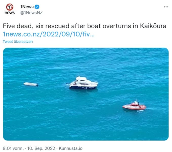 Rettungskräfte am Unfallort in Kaikoura beim gekenterten Boot. Boot Neuseeland