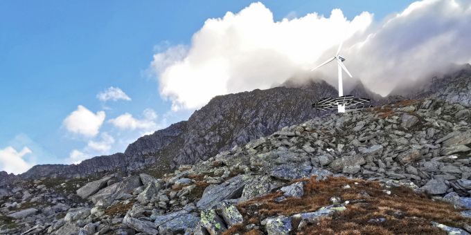 Visualisierung der Pilotanlage der Armee im Gebiet «La Stadera» auf 2500m. Acht weitere solcher «Windblumen» sollen folgen. Wind Solar Strom Armee