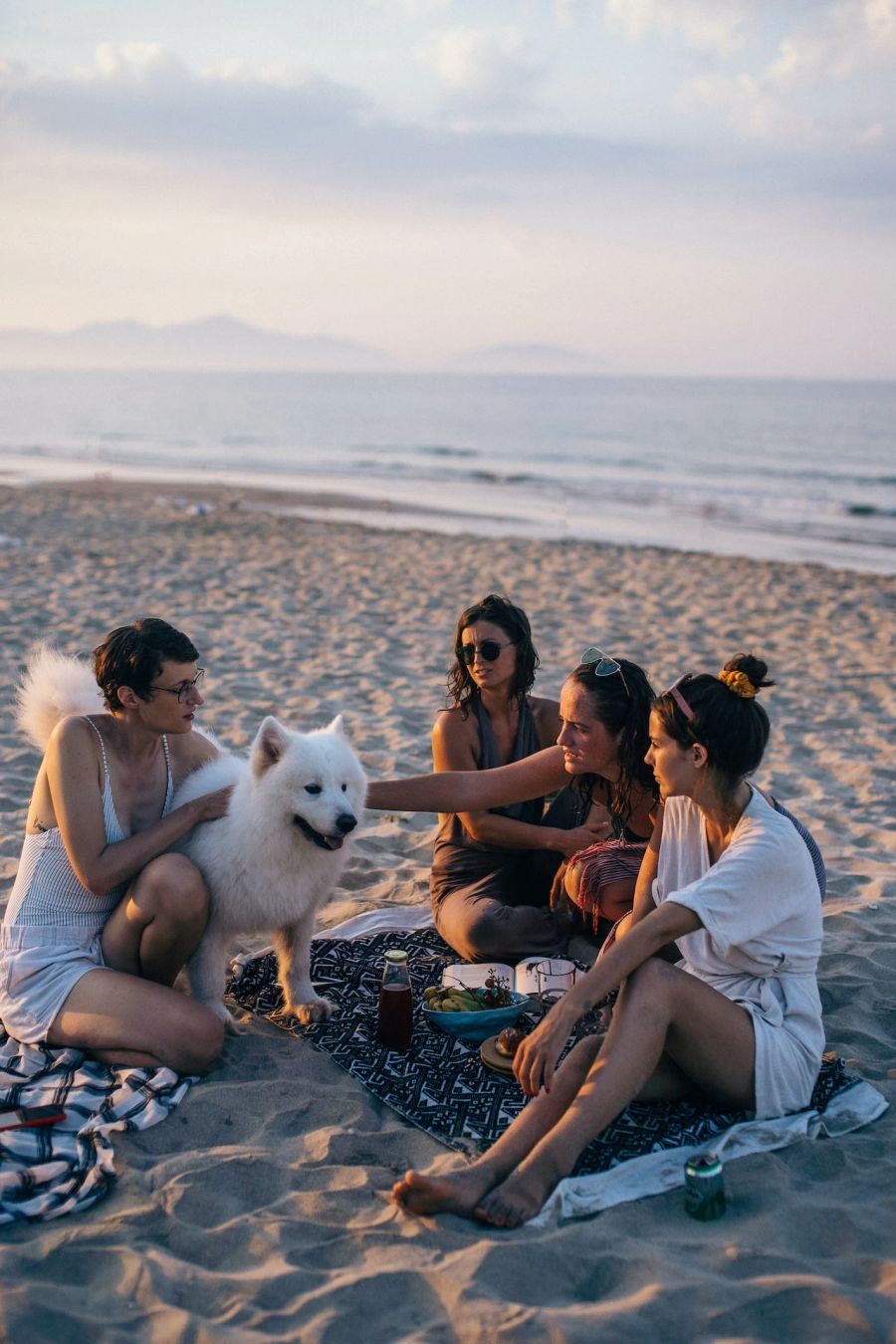 Strand Hund Frauen Freundinnen Decke Sand Sonnenuntergang