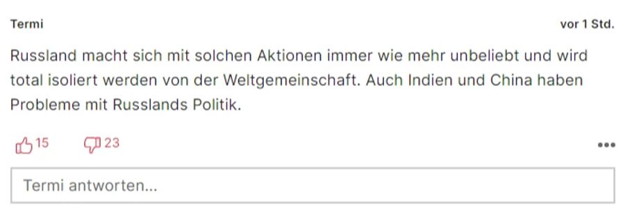 Laut «Termi» mache sich Russland mit solchen Aktionen unbeliebt. Sogar Indien und China hätten Probleme mit der Russen-Politik.