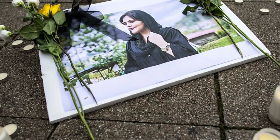 Ein Bild der verstorbenen Iranerin Mahsa Amini, die in der vergangenen Woche im Iran nach ihrer Verhaftung durch die Sittenpolizei gestorben war. Iranische Behörden untersagen Aminis Vater eine Einsicht in ihre Akten. Foto: Christoph Reichwein/dpa - ACHTUNG: Nur zur redaktionellen Verwendung und nur mit vollständiger Nennung des vorstehenden Credits