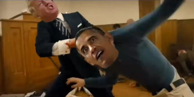 Auch auf Barack Obama geht Donald Trump im Video los. Donald Trump Videomontage