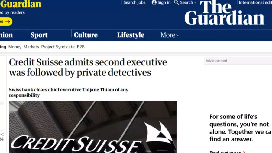 Der britische «Guardian» schreibt, dass die Credit Suisse den zweiten Spionage-Fall durch Privatdetektive zugibt.