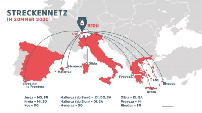 Das geplante Streckennetz von Flybair ab Mai 2020. Streckennetz flybair