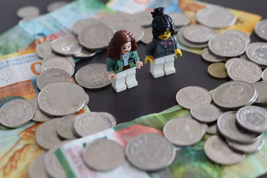 Zwei Legomännchen auf Geld.