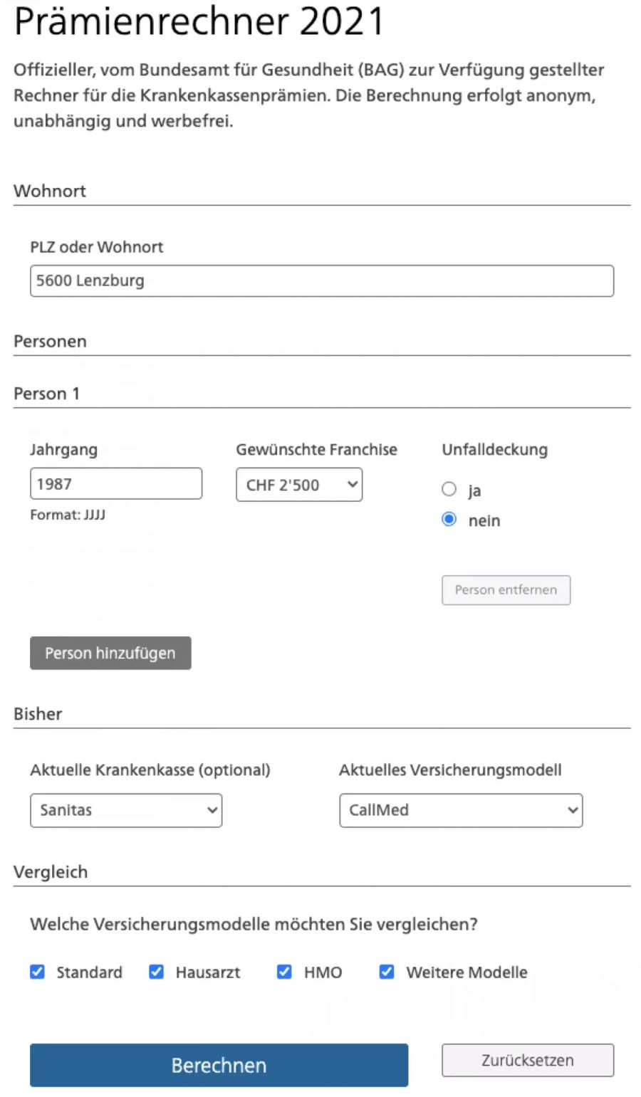 Krankenkassen Prämienrechner.