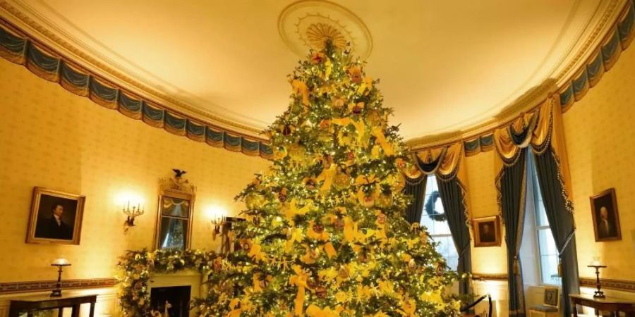 Ein grosser Weihnachtsbaum im festlich dekorierten Blauen Raum (Blue Room) des Weissen Hauses. Foto: Patrick Semansky/AP/dpa