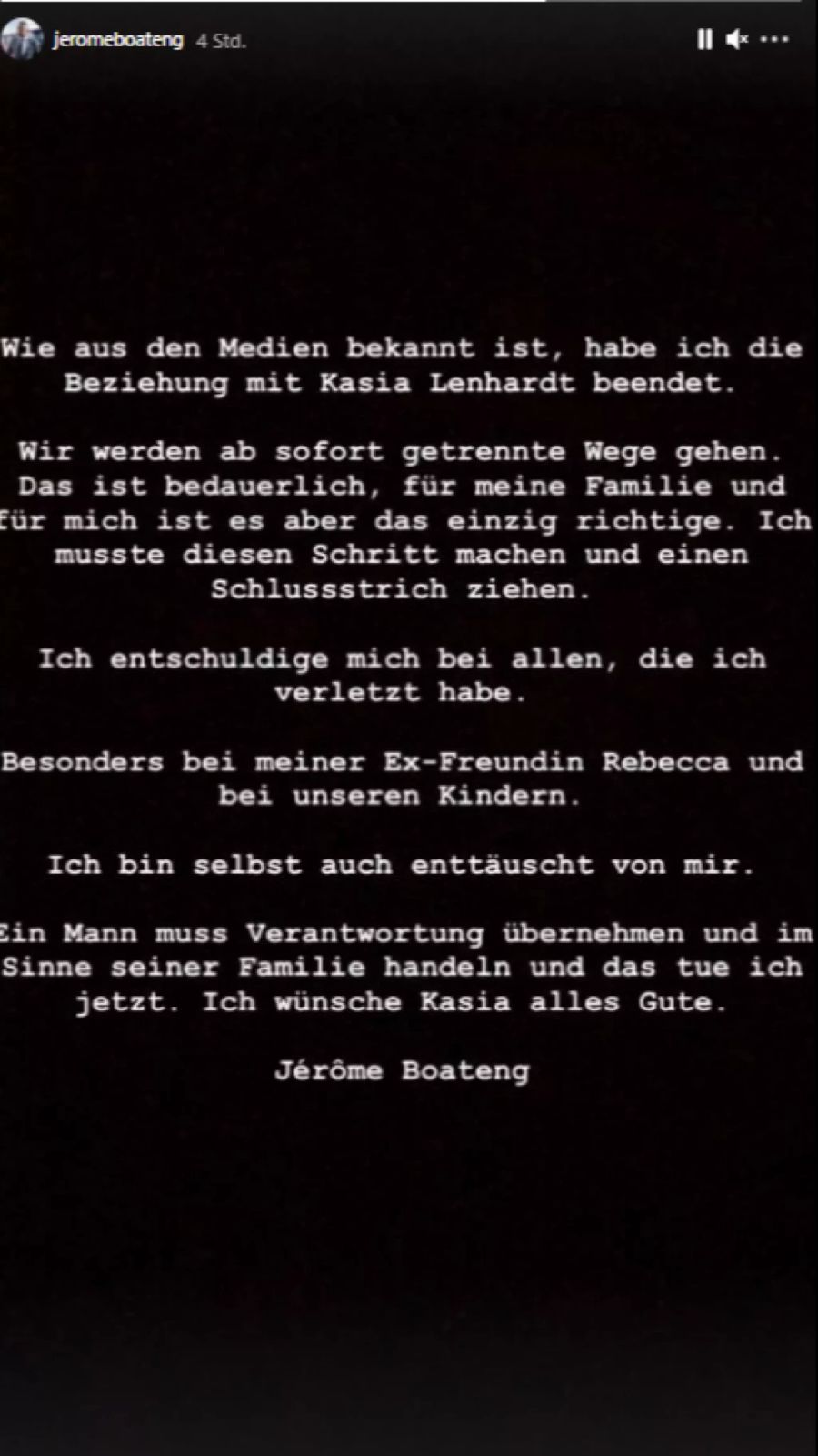 Jerome Boateng gibt via Instagram ein Statement zur Trennung ab.