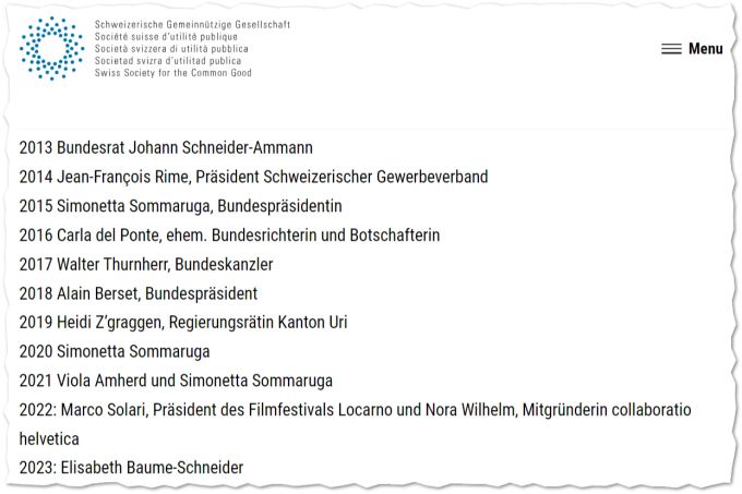 Die Liste der 1.-August-Redner der letzten 10 Jahre gemäss Homepage der Schweizerischen Gemeinnützigen Gesellschaft. SGG 1.-August-Redner