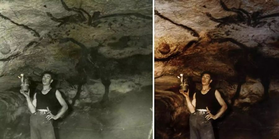 Die Aufnahme vom September 1940 (l) zeigt Marcel Ravidat, einen der vier Entdecker der Höhlen von Lascaux, der im Saal der Stiere steht und die Höhlenbilder betrachtet und das Bild in einer nachkolorierten Version. Foto: SC Exibitions/MCC/Colorized by Jordan Lloyd/