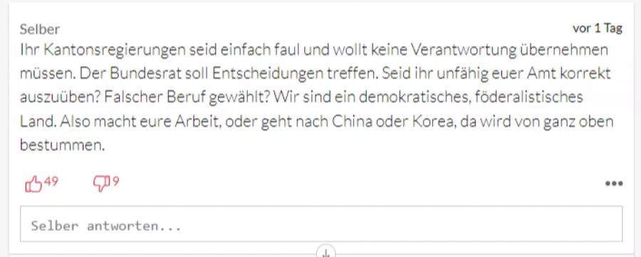 Dieser User findet es prima, dass die Kantone selbst entscheiden dürfen. Die Kantonsregierungen dürften bloss nicht entscheidungsfaul sein, schreibt er.