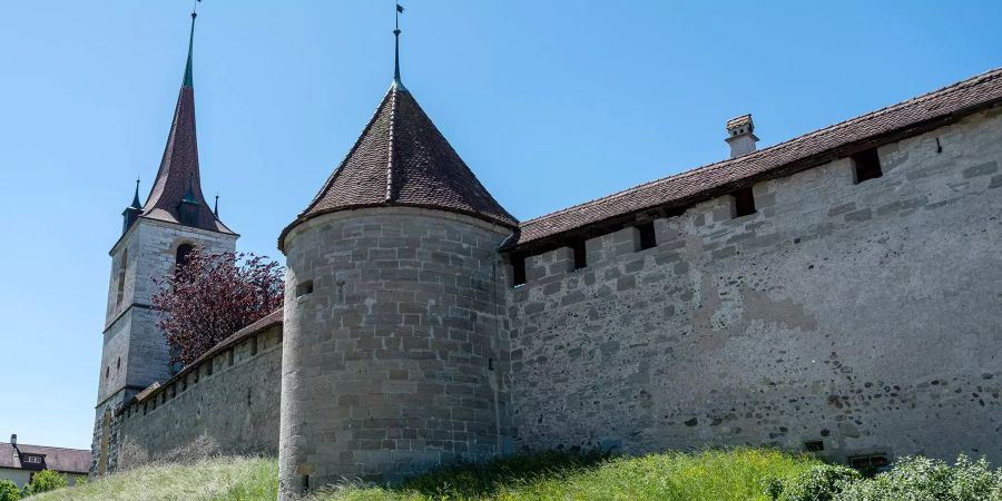 Die mittelalterliche Ringmauer von Murten von ausserhalb gesehen.