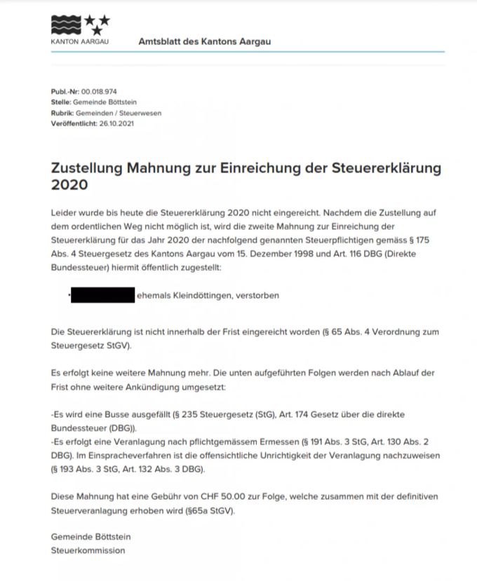 Die Publikation der Steuerkommission Böttstein im Aargauer Amtsblatt (anonymisiert durch Nau.ch). Böttstein Amtsblatt Steuern Verstorben