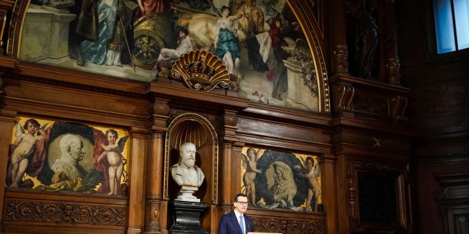 Der polnische Ministerpräsident Mateusz Morawiecki spricht in der Alten Aula der Universität Heidelberg. Der polnische Ministerpräsident Mateusz Morawiecki spricht in der Alten Aula der Universität Heidelberg.