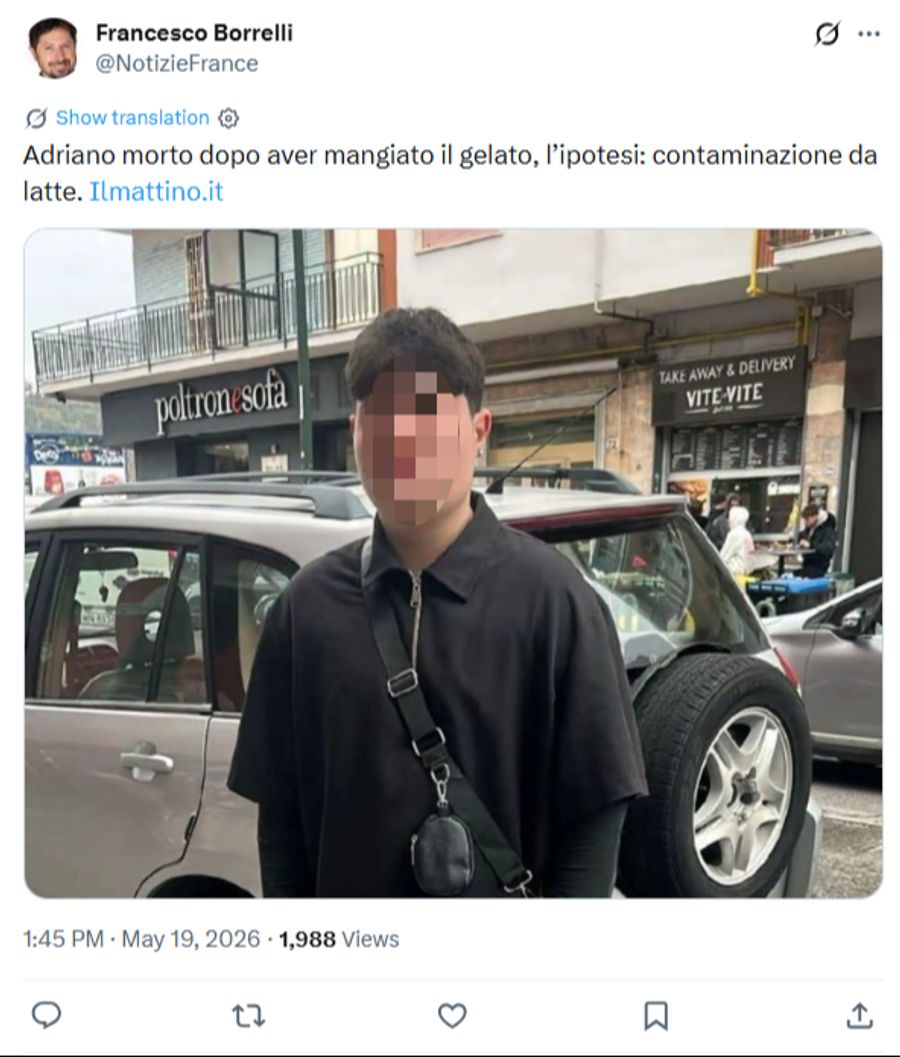 Der 16-jährige Adriano verstarb, nachdem er ein Glacé gegessen hatte.