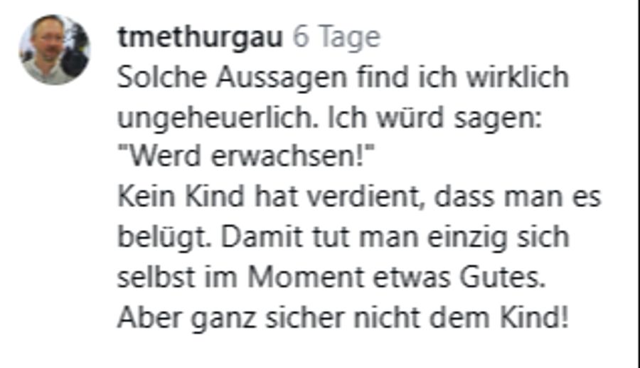 Der Thurgauer Medienpädagoge Thomas Merz, der selbst Vater ist, schreibt: «Solche Aussagen finde ich wirklich ungeheuerlich.»