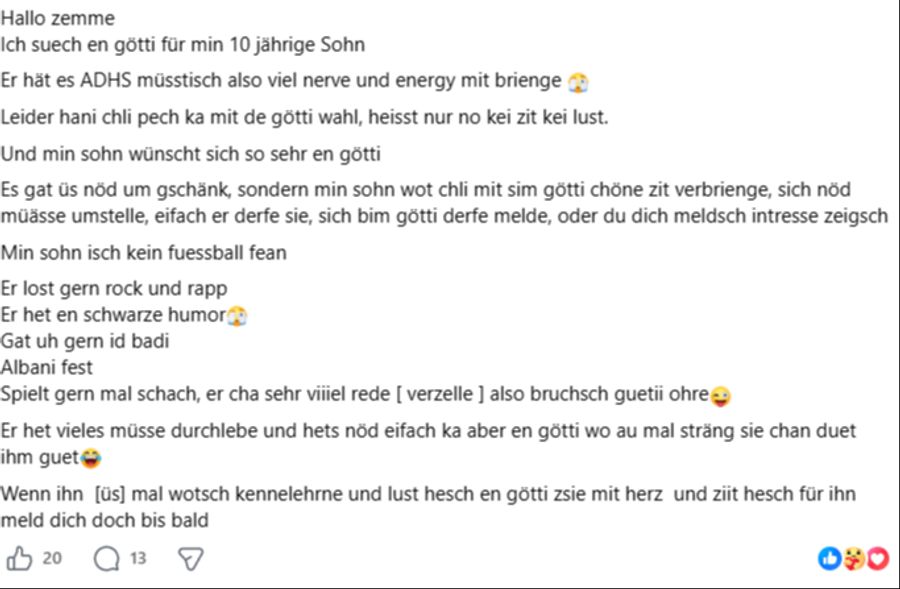 Ein Mami aus Winterthur sucht via Facebook einen Götti für ihren 10-jährigen Sohn mit ADHS.