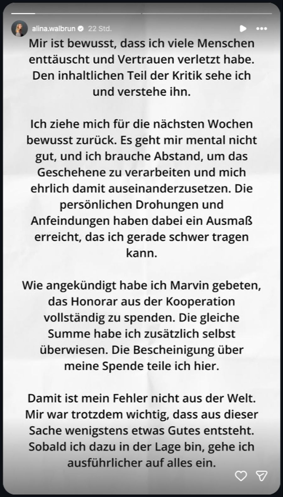 Die Medizinstudentin hat das Honorar gespendet, wie sie auf Instagram mitteilte.