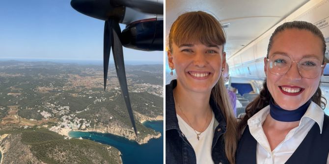 Travelnews-Redaktorin Marilin Leuthard (links) mit Flight Attendant Lisa Reitenbach auf dem Flug von St. Gallen-Altenrhein nach Ibiza. Bild: TN
