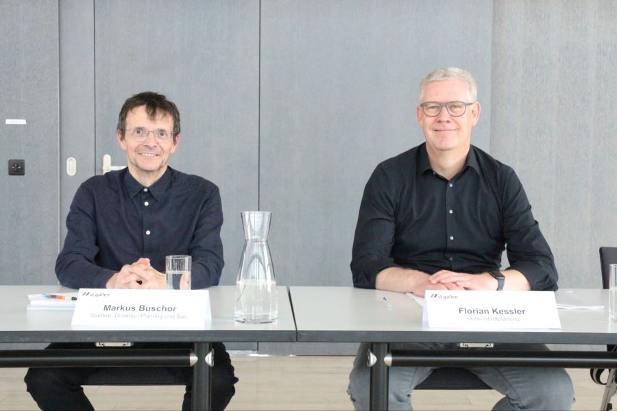 Markus Buschor, Stadtrat und Direktion Planung und Bau sowie Florian Kessler, Leiter Stadtplanung, informierten die Medien über die Gebietsentwicklung Lerchenfeld.