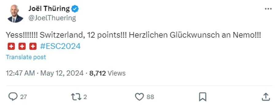 Gleichzeitig finden sich innerhalb der SVP auch andere Sichtweisen auf den ESC-Exploit von Nemo. Der Stadtbasler Grossrat Joël Thüring beispielsweise freut sich über den Schweizer Triumph.