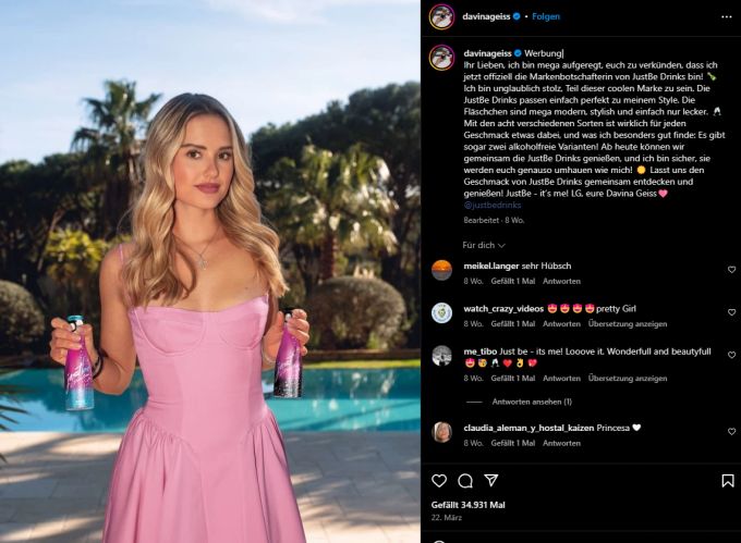Davina Geiss ist Markenbotschafterin für die Premium-Sektmarke «JustBe Drinks». Davina Geiss