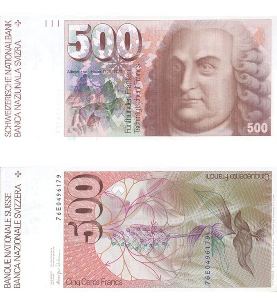Auf der 500-Franken-Note der 6. Serie ist der Arzt, Naturforscher und Dichter Albrecht von Haller (1708-1777) abgebildet. Auf der Rückseite sind eine Muskelfigur, ein Schema über Atmung und Blutkreislauf sowie eine Purpur-Orchis zu sehen.
