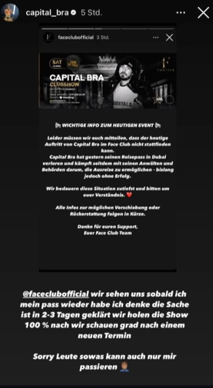 Wenige Stunden vor dem Konzert cancelte Capital Bra seinen Auftritt im Face Club in Dietlikon ZH per Instagram-Story. Capital Bra Dietlikon Absage