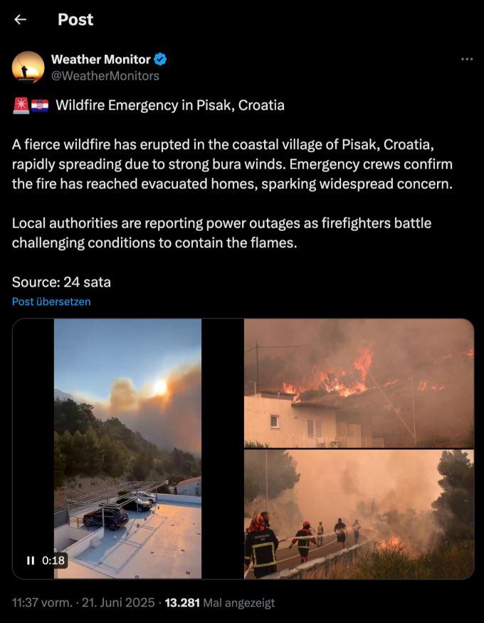 Beim Waldbrand in Kroatien geht die Feuerwehr mittlerweile von Brandstiftung aus. Waldbrände