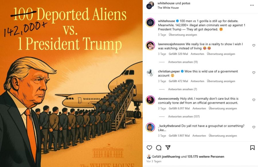 Abgeschobene als «Aliens» zu bezeichnen und dazu noch ein Auslach-Emoji – viele können nicht glauben, dass diese Kommunikation vom offiziellen Konto des Weissen Hauses stammt.