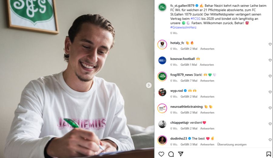 Behar Neziri hat beim FC St.Gallen einen Vertrag bis 2028 unterschrieben.