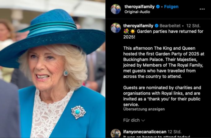 Königin Camilla trug ein sommerliches Kostüm von Dior in einem kräftigen Türkisblau. könig charles