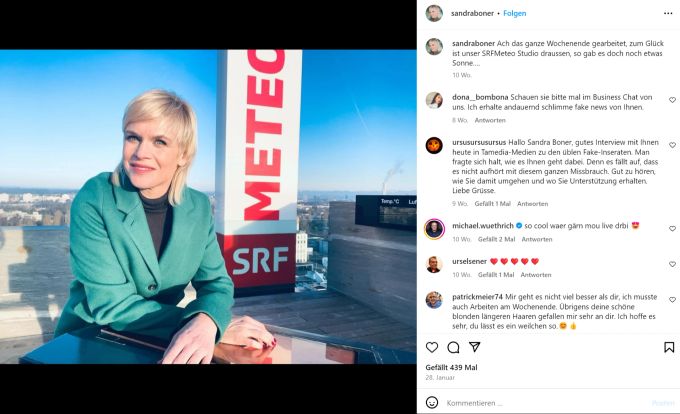SRF-Moderatorin Sandra Boner ist auf Social Media aktiv. SRF