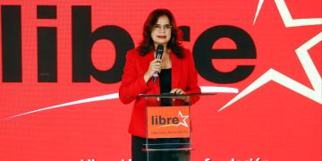 Honduran presidential candidate Rixi Moncada gives statements on election results