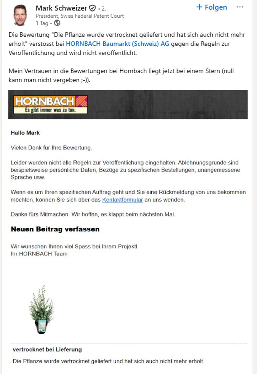 Mark Schweizer kann die Ablehnung nicht verstehen und äussert seinen Frust auf Linkedin.