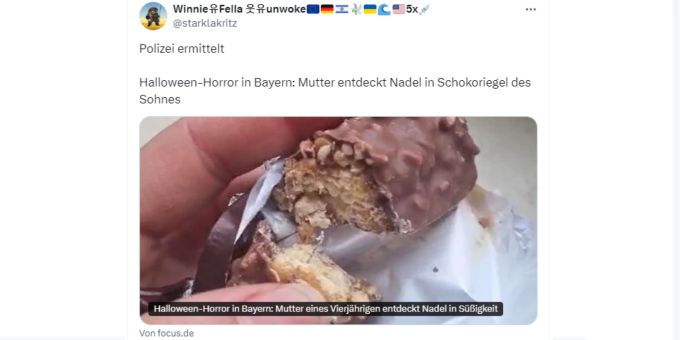 Ein Bub ergatterte an Halloween ein Schoggistängeli – doch darin war eine Nadel versteckt. Halloween