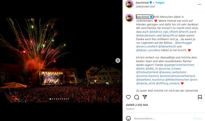 In einem emotionalen Post auf Instagram dankt Baschi seiner Gemeinde und allen Mitwirkenden. baschi