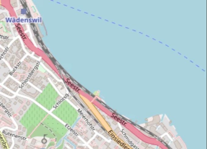 Geplantes Bauprojekt: Der 800 Meter lange Steg soll parallel zur Bahnlinie ab der Halbinsel Giessen verlaufen. Kartenausschnitt Wädenswil Zürichsee.