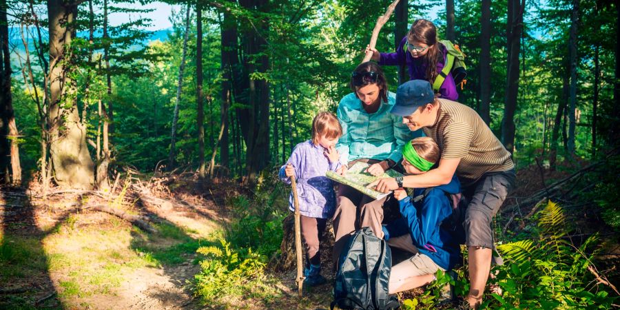 Familie im Wald beim Wandern