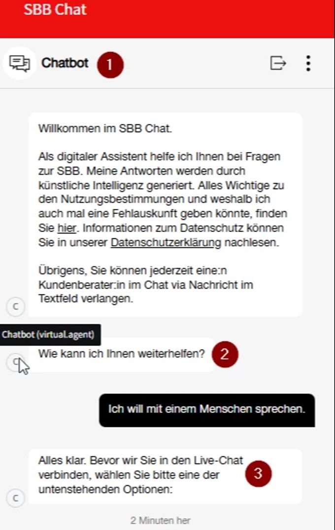 Die SBB erklärt, dass man informiert wird, dass man mit der Maschine chattet. Will man lieber einen Menschen, kann man dies wünschen. sbb