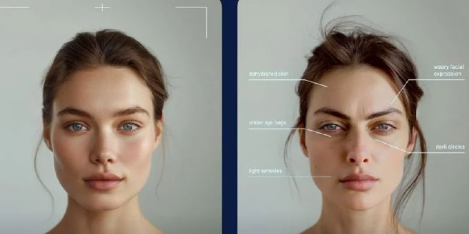Diese KI-generierten Bilder zeigen den Vorher-Nachher-Effekt von Schlafmangel. Schlafmangel