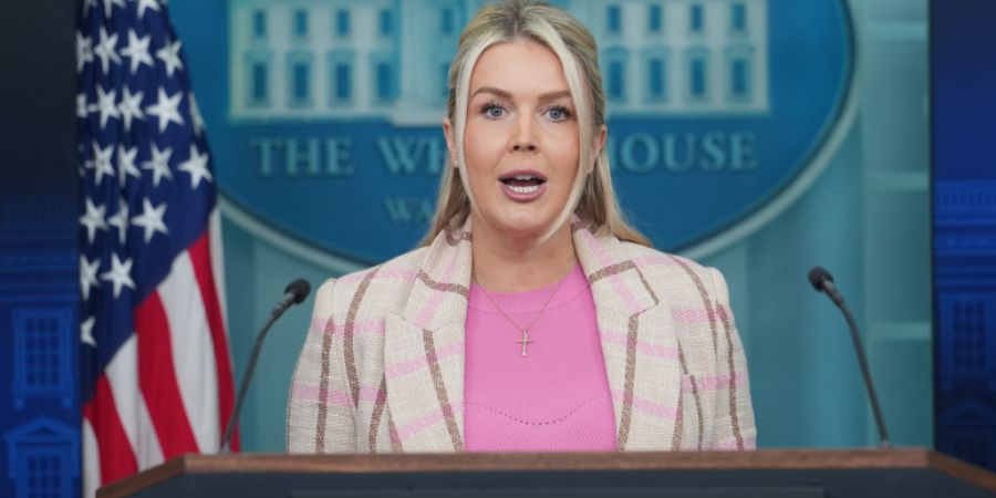 ARCHIV - Die Pressesprecherin des Weißen Hauses, Karoline Leavitt, spricht mit Reportern im James Brady Press Briefing Room im Weißen Haus. Foto: Julia Demaree Nikhinson/AP/dpa