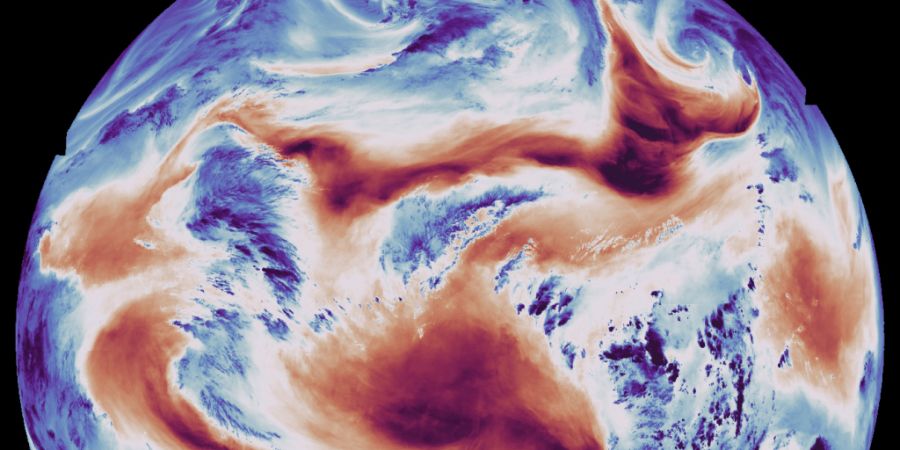 Das aus einer Höhe von 36'000 Kilometern über der Erde aufgenommene Satellitenbild zeigt die Luftfeuchtigkeit der Erdatmosphäre. Blaue Farben entsprechen Regionen in der Atmosphäre ...