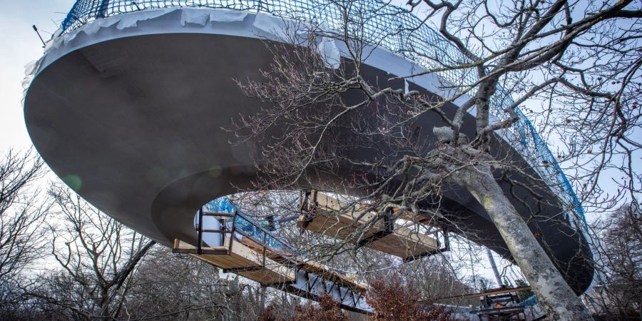 Der neue Skywalk über dem Kreidefelsen auf der Ostseeinsel Rügen wurde im Januar in seine finale Position abgesenkt.