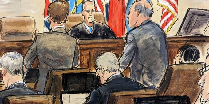 Diese Skizze aus dem Gerichtssaal zeigt Justin Nelson (2.v.l), Anwalt von Dominion Voting Systems, und Daniel Webb (r), Anwalt von Fox News, im Gespräch mit Richter Eric Davis im Delaware Superior Court. Diese Skizze aus dem Gerichtssaal zeigt Justin Nelson (2.v.l), Anwalt von Dominion Voting Systems, und Daniel Webb (r), Anwalt von Fox News, im Gespräch mit Richter Eric Davis im Delaware Superior Court.