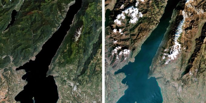 Das Satellitenbild zeigt den Gardasee in Italien im Juni 2022 (l) und im März 2023 (2). Der Gardasee leidet aktuell unter extrem niedrigen Wasserständen. gardasee